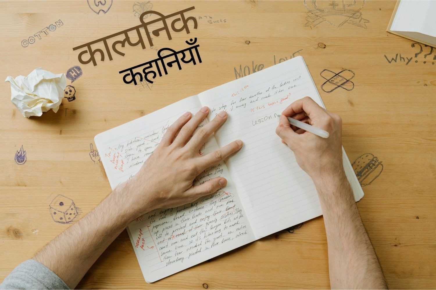 पेज पर "काल्पनिक कहानियाँ" लिखा हुआ है और एक आदमी नोटबुक में लिख रहा है