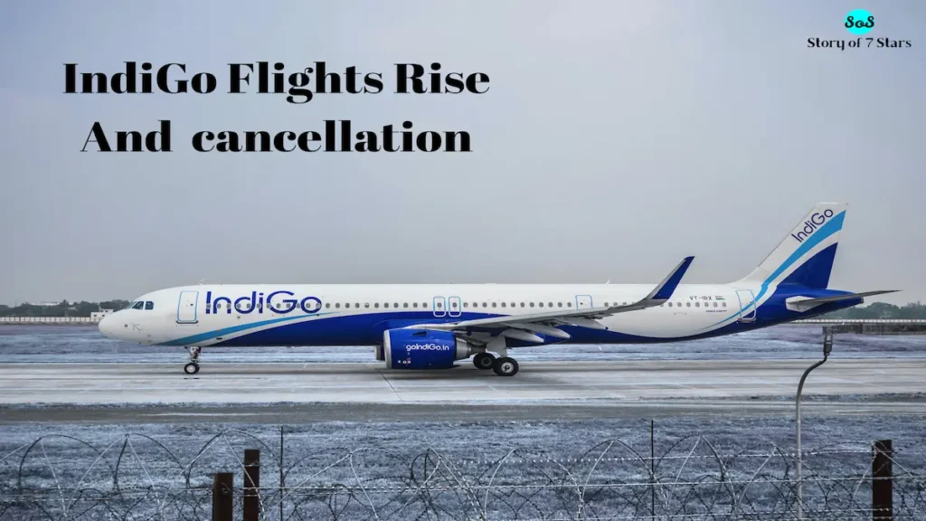 The Indigo flight is standing on the track. The text "Indigo flights rise and cancellation" is written.