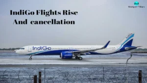 The Indigo flight is standing on the track. The text "Indigo flights rise and cancellation" is written.