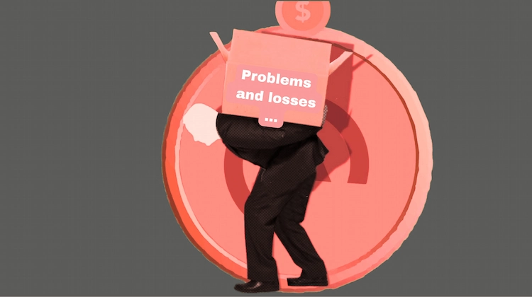 A man is carrying a box on his shoulders. The box has the words "Problems and Losses" written on it. The background behind the box is red.
