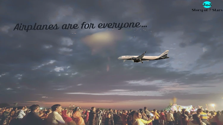 Many people are standing and looking up at an airplane in the sky. The text "Airplanes are for everyone" is displayed against a sky background.