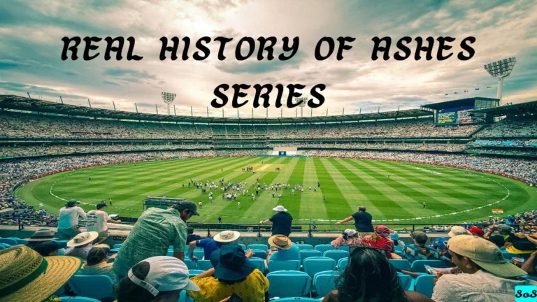 text "Real history of ashes series" on a sports ground background