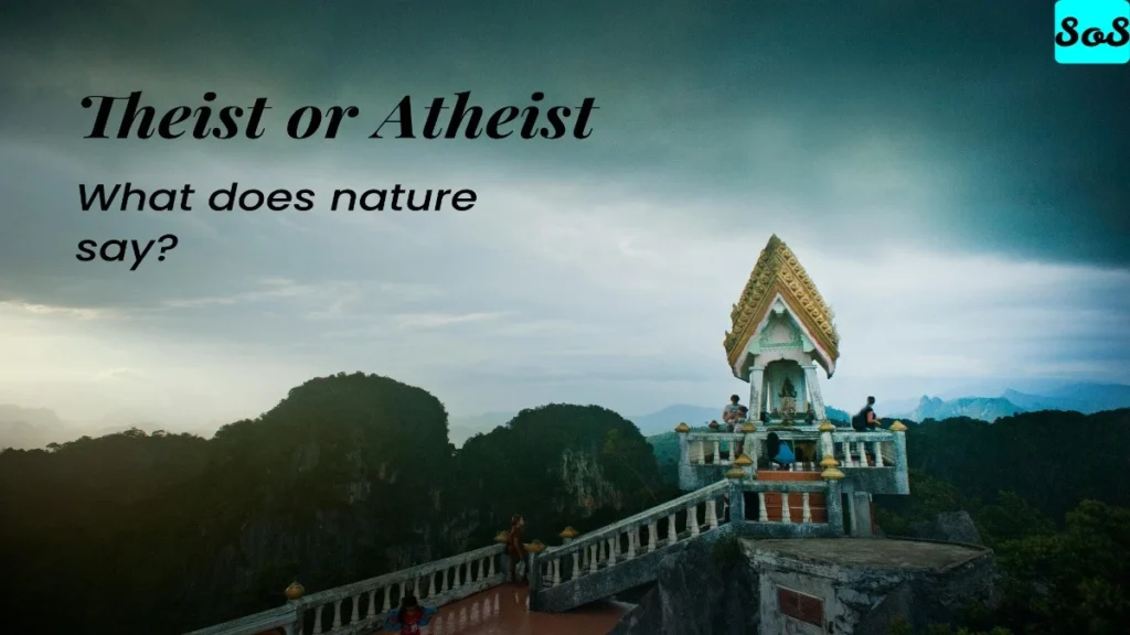 A magnificent temple in the mountains. "Theists and Atheists" is written.