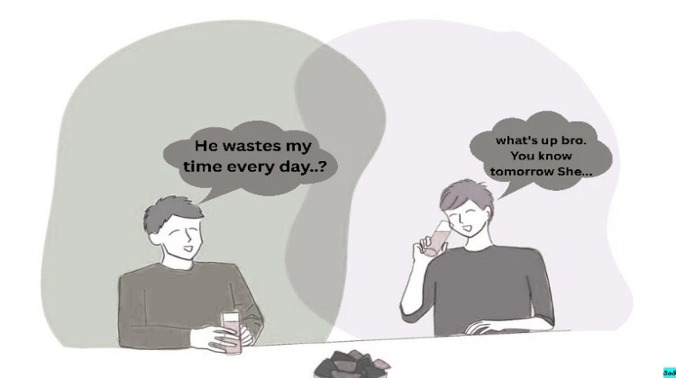 Two friends are talking on the phone. Their thoughts are written out as text. Anime style.