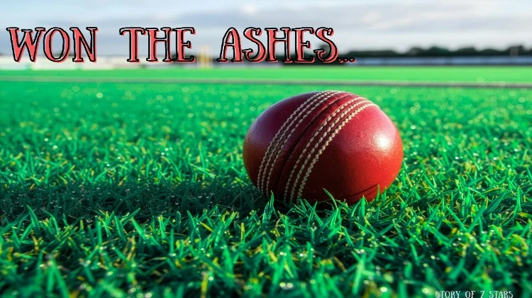text "won the ashes" on A sports ground and ball background.